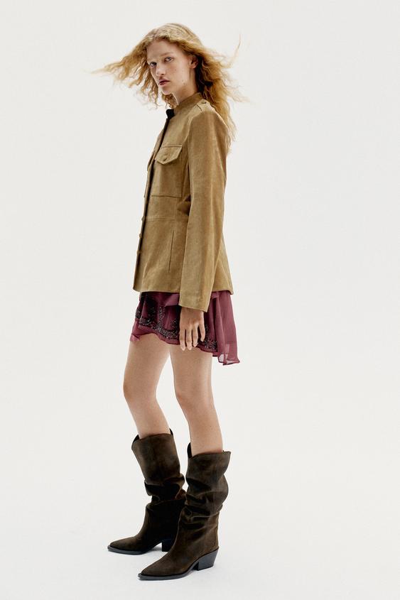LEATHER COWBOY BOOTS - Khaki Green by Zara - Image 0