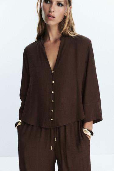 COTTON GAUZE BLOUSE - Brown by Zara