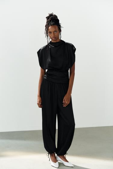 SATIN JUMPSUIT WITH SASH - Black by Zara