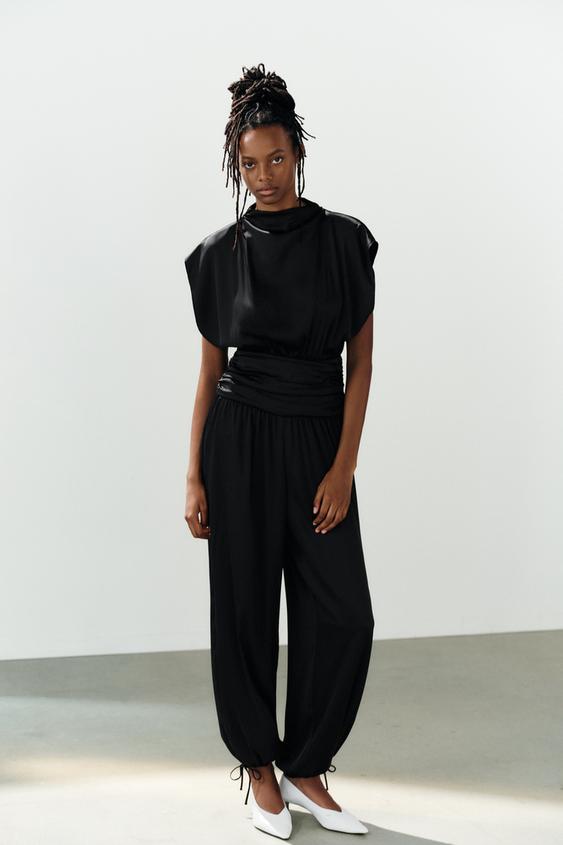 SATIN JUMPSUIT WITH SASH - Black by Zara - Image 0