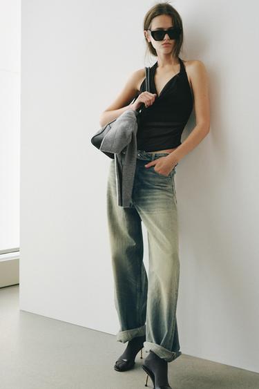 TRF MID-WAIST RIPPED FOLDED WAISTBAND JEANS - Blue / Green by Zara