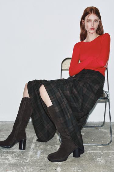 SPLIT SUEDE BOOTS WITH TOPSTITCHING - Chocolate Brown by Zara