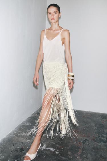 EMBROIDERED FRINGED WRAP SKIRT - Ecru by Zara - Image 0