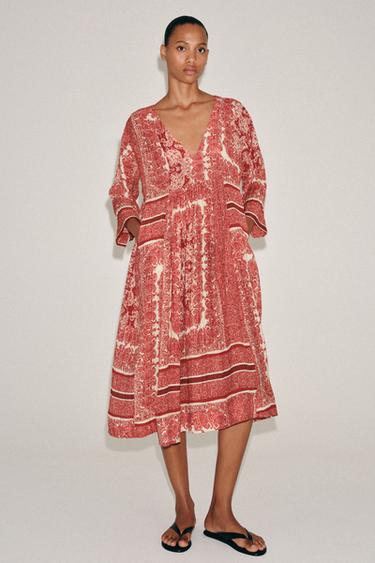 ZW COLLECTION PRINTED MIDI DRESS - Red by Zara