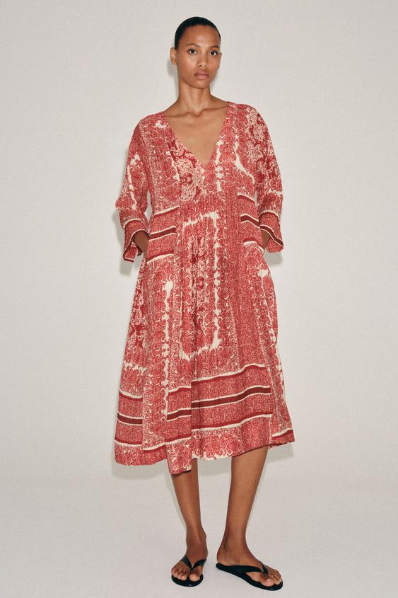ZW COLLECTION PRINTED MIDI DRESS - Red by Zara - Image 0