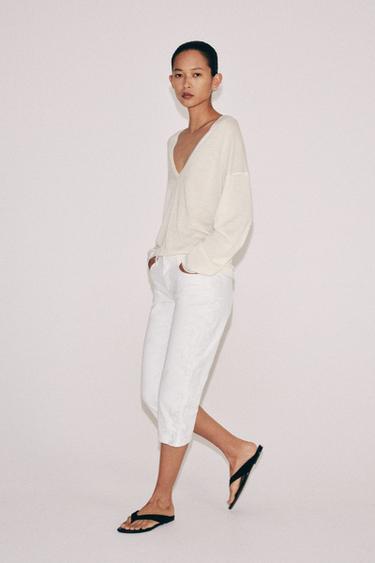 ZW COLLECTION EMBROIDERED MID-WAIST CAPRI JEANS - Ecru by Zara