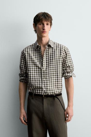LIMITED EDITION RAMIE - SILK CHECK SHIRT - Mid-green by Zara
