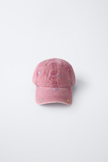 WASHED-EFFECT CAP WITH EMBROIDERED FLOWERS - Mauve by Zara