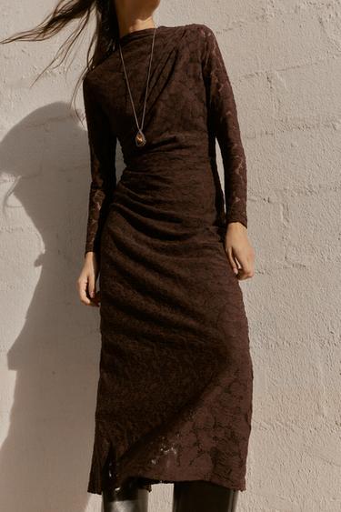 POINTELLE DRAPED MIDI DRESS - Brown by Zara