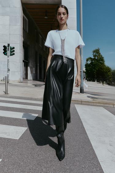 CONTRAST MIDI DRESS WITH LEATHER EFFECT SKIRT - Black / White by Zara