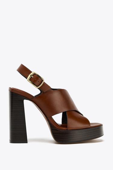 LEATHER HEELED SANDALS - Brown by Zara