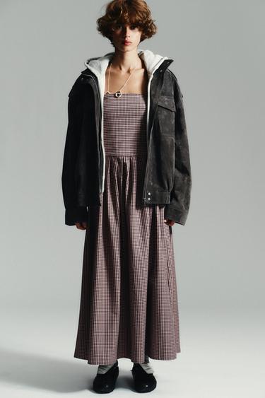 GINGHAM CHECK STRAPLESS MIDI DRESS - Dark pink by Zara