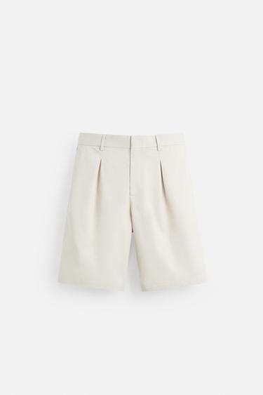 PLEATED COTTON/LINEN BERMUDA SHORTS - Light beige by Zara