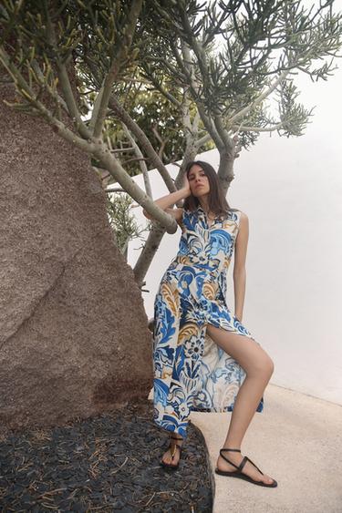 PRINTED MIDI DRESS - Ecru / Blue by Zara - Image 0