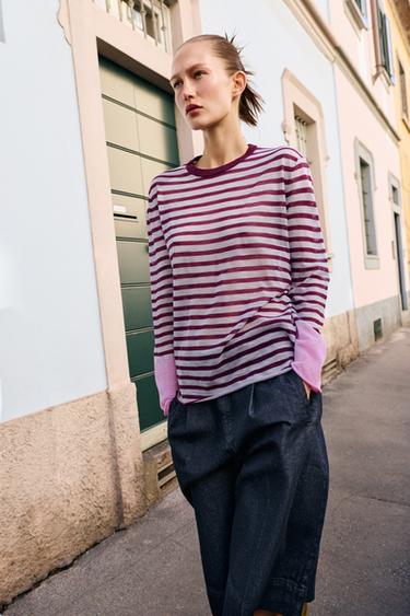 STRIPED KNIT JUMPER - Burgundy by Zara