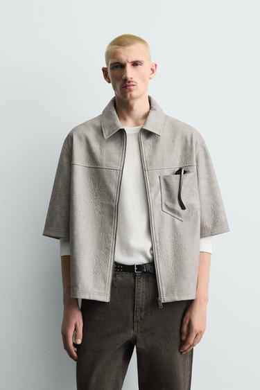 RELAXED FIT FAUX LEATHER OVERSHIRT - Grey by Zara