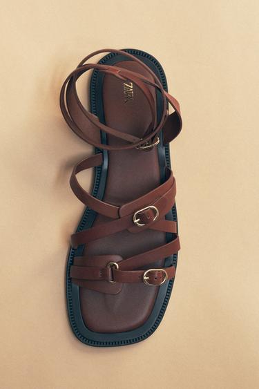 LEATHER STRAPPY FLAT SANDALS - Brown by Zara - Image 0