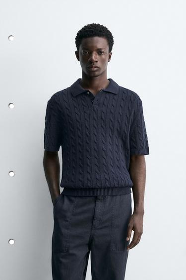 CABLE KNIT TEXTURED POLO SHIRT - Navy blue by Zara