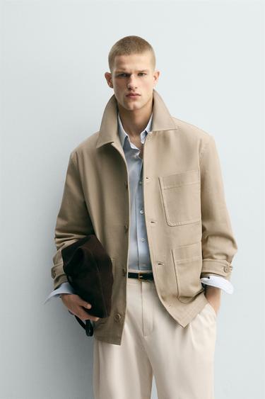 TOPSTITCHED TEXTURED OVERSHIRT - camel by Zara