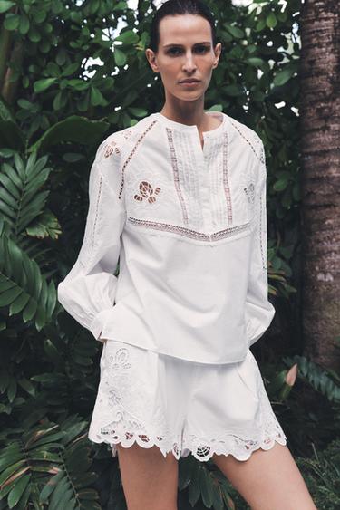 ZW COLLECTION EMBROIDERED OPENWORK BLOUSE - White by Zara
