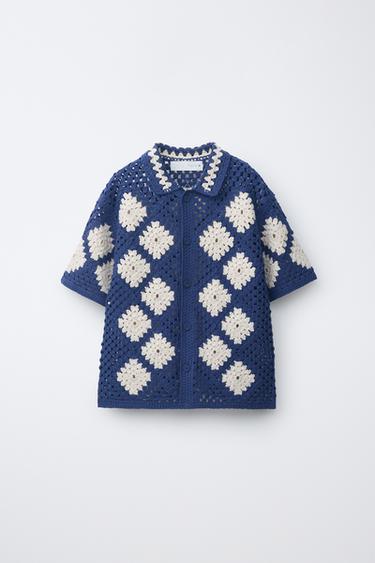 ARGYLE KNIT CROCHET OVERSHIRT - Navy blue by Zara