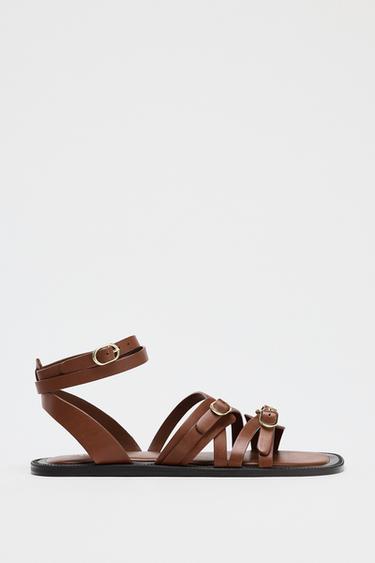 LEATHER STRAPPY FLAT SANDALS - Brown by Zara