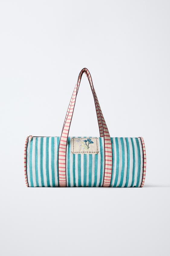 EMBROIDERED STRIPED BOWLING BAG - Green by Zara - Image 0