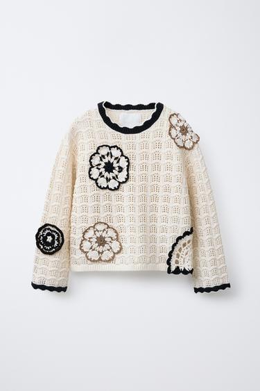 FLORAL CROCHET SWEATER - Ecru by Zara - Image 0
