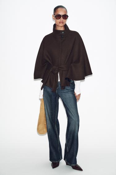 CROPPED WOOL CAPE COAT WITH BELT - Brown by Zara