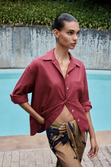 OVERSIZE LINEN BLEND SHIRT - Burgundy by Zara