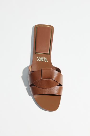 FLAT CRISS-CROSS LEATHER SLIDER SANDALS - Brown by Zara