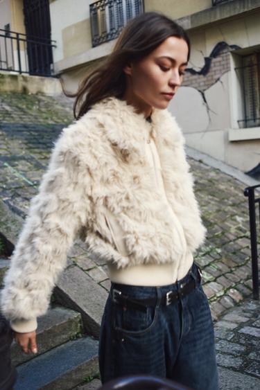 FAUX FUR BOMBER JACKET - Ecru by Zara