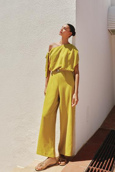 ASYMMETRIC SLEEVE JUMPSUIT WITH BELT - Olive green by Zara