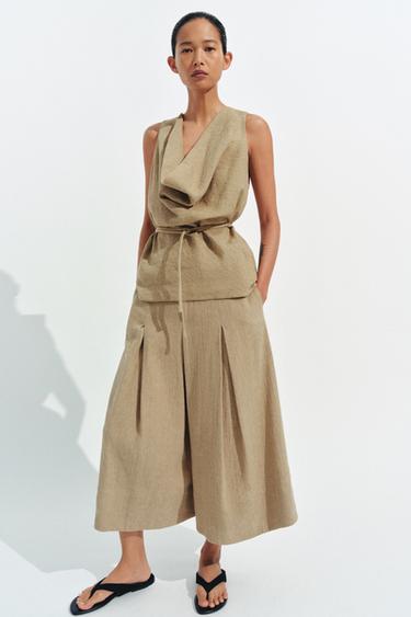 ZW COLLECTION WIDE-LEG LINEN BLEND TROUSERS - Khaki by Zara
