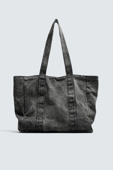 WASHED-EFFECT DENIM TOTE BAG - Black by Zara