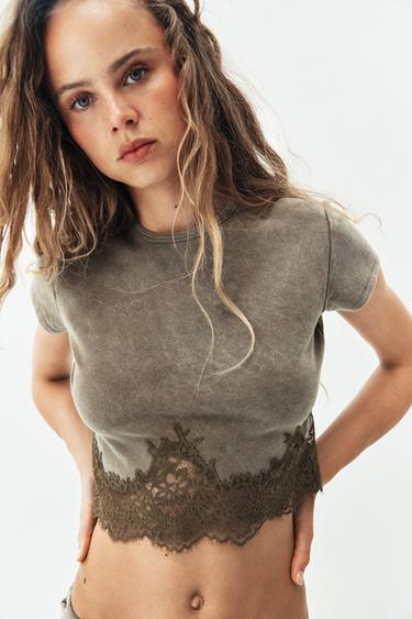 FADED-EFFECT LACE CROP TOP - Brown by Zara
