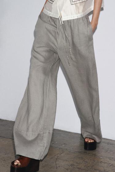 ZW COLLECTION 100% LINEN PALAZZO TROUSERS - Light grey by Zara