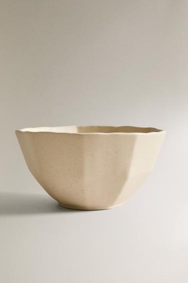 STONEWARE BOWL WITH RAISED LINE BORDER DESIGN - Sand by Zara