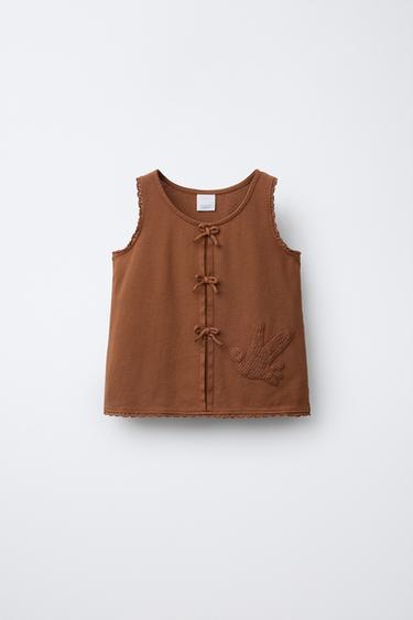 CROCHET KNIT BIRD T-SHIRT - Brick by Zara
