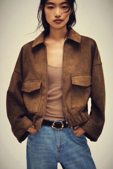 FAUX SUEDE JACKET - Dark khaki by Zara