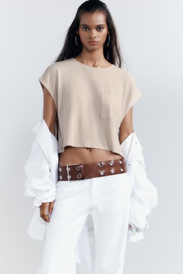 LINEN BLEND POCKET T-SHIRT - Ecru by Zara