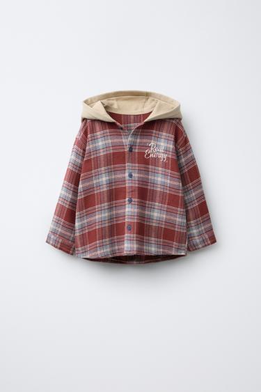 CHECK OVERSHIRT WITH CONTRAST HOODIE - Maroon by Zara