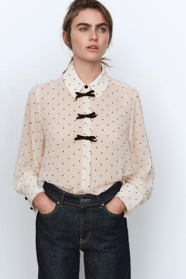 SHIRT WITH POLKA DOT BOWS - Ecru / Black by Zara