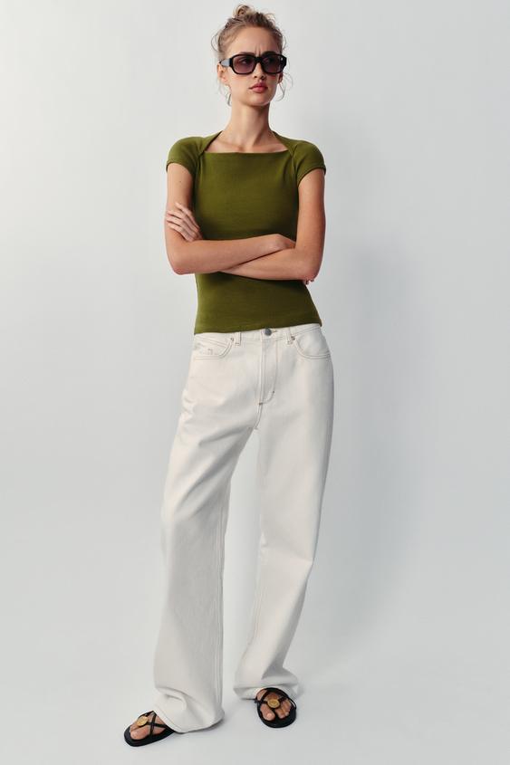 SQUARE NECK T-SHIRT - Olive green by Zara - Image 0