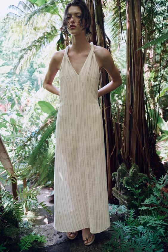 STRIPED METALLIC THREAD MAXI DRESS - Ecru / Navy by Zara - Image 0