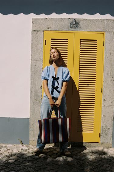 LINEN BLEND TIE BLOUSE - Blue by Zara