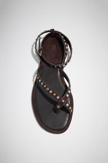 BEADED LEATHER SANDALS - Brown by Zara