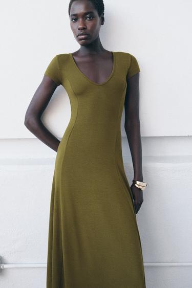 LONG RIBBED DRESS - Dark olive by Zara