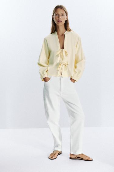 STRIPED POPLIN SHIRT WITH TIES - Yellow by Zara