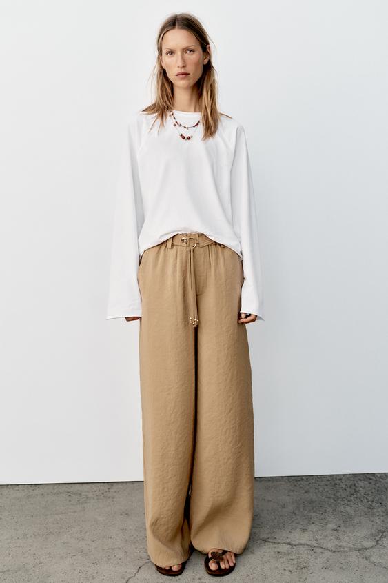 STRAIGHT LEG TROUSERS WITH BELT - Sand by Zara - Image 0